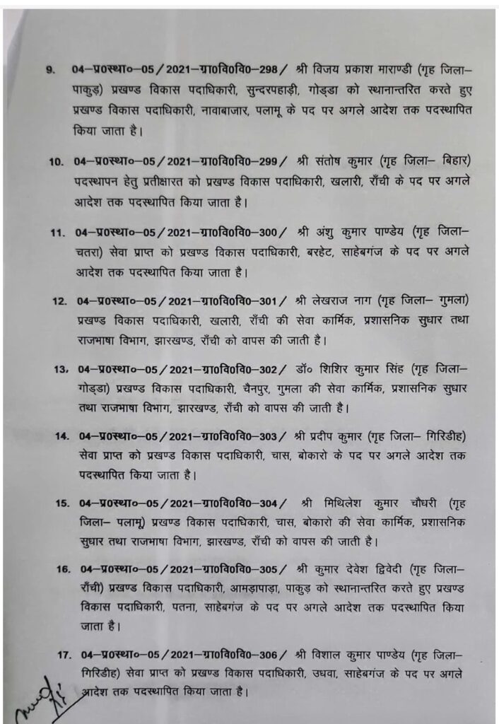 18 BDOs transferred in Jharkhand